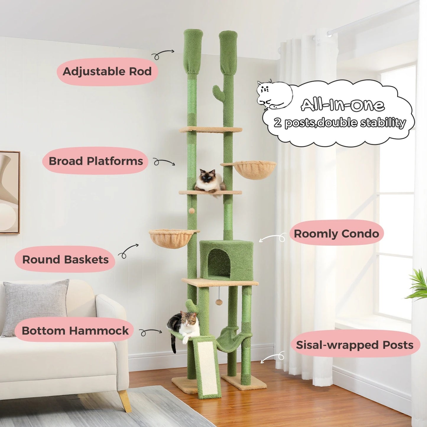 CozyCats 90” to 108” Height Floor to Ceiling Cactus Cat Tree